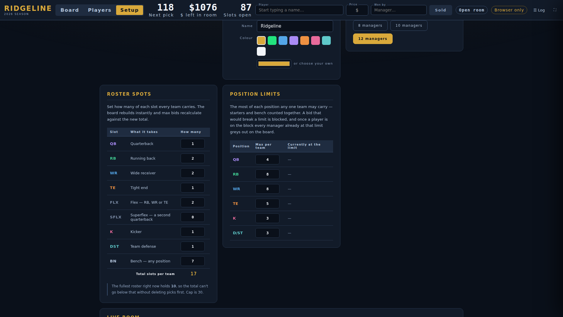 Roster spots and position limits setup, including superflex and bench counts