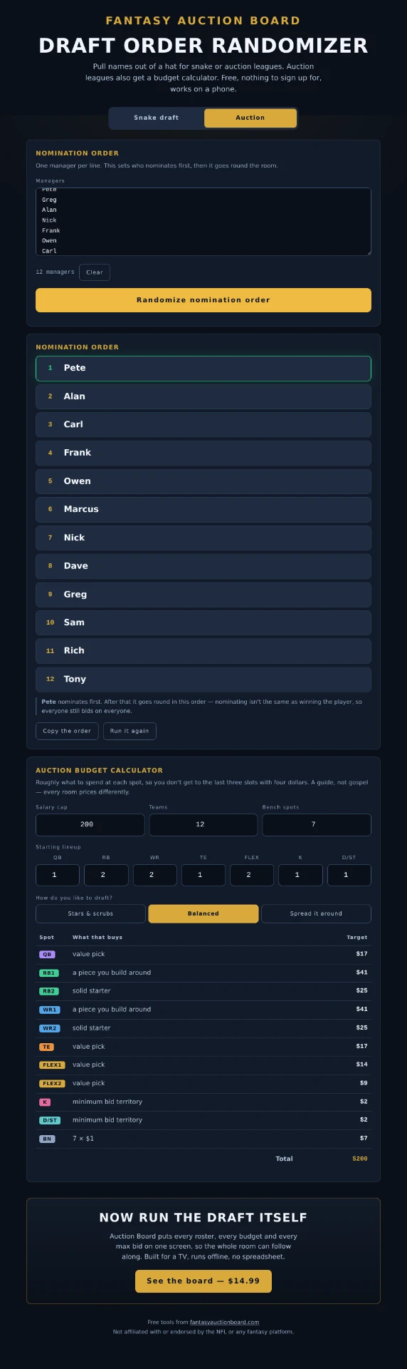 Free draft order randomizer and auction budget calculator shown on a phone